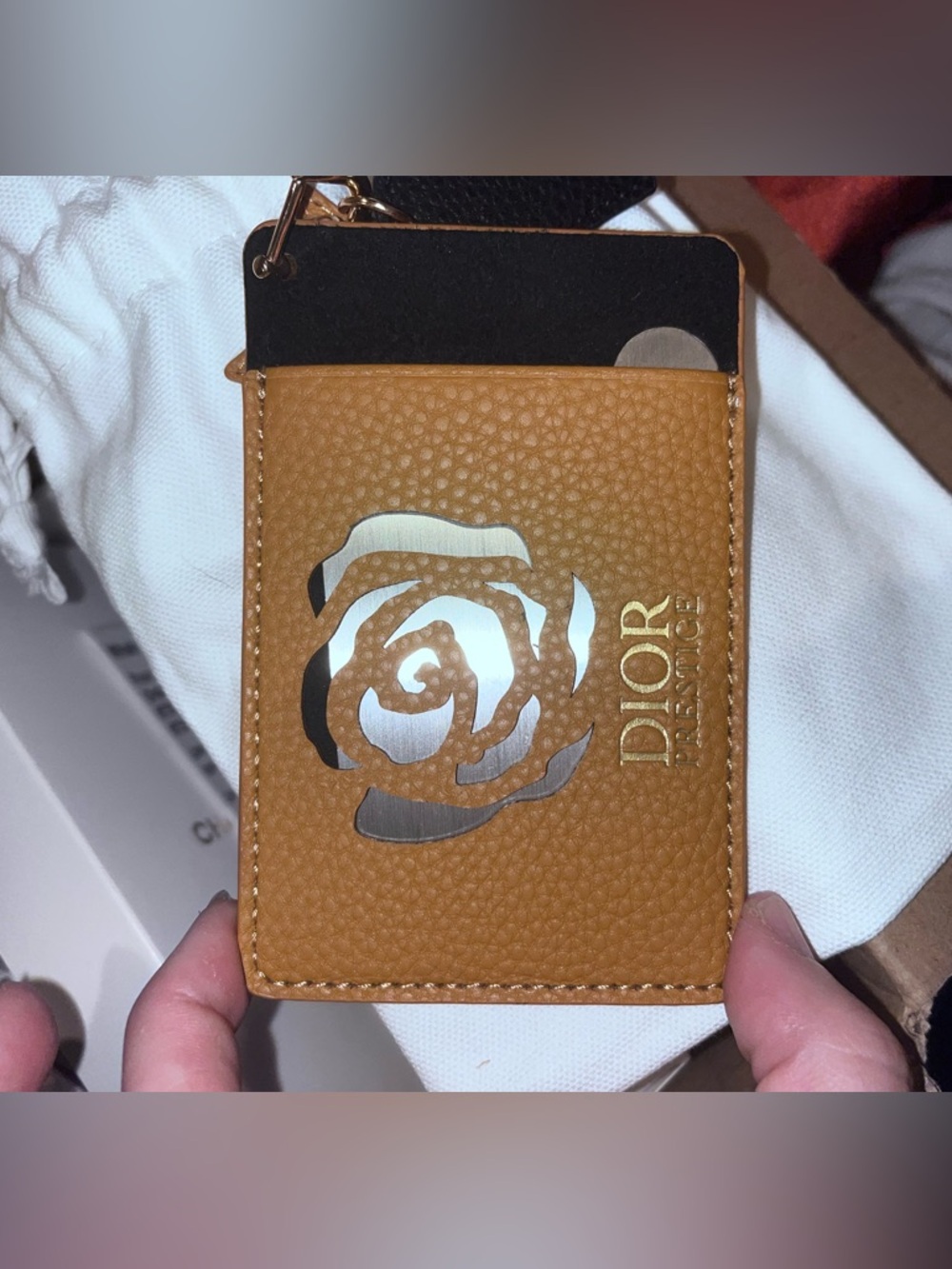 Dior Tan Pebbled Leather Card Sleeve with Metallic Rose Detail and Mirror- 🆕